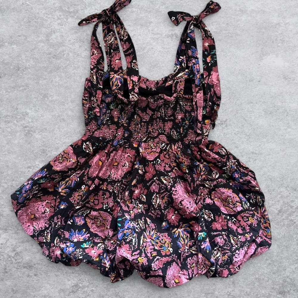 Cleobella Organic Cotton Floral Tie Shoulder Bubble Hem Mini Dress Black Pink - Picture 7 of 8